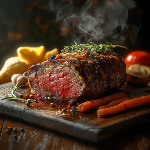 A juicy beef roast with carrots, herbs, and spices on a wooden board, steaming hot and ready to serve