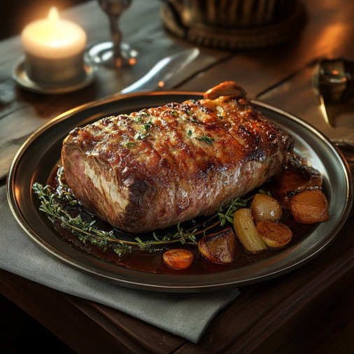 Roasted beef bottom round, served with vegetables, on a dark metal platter.