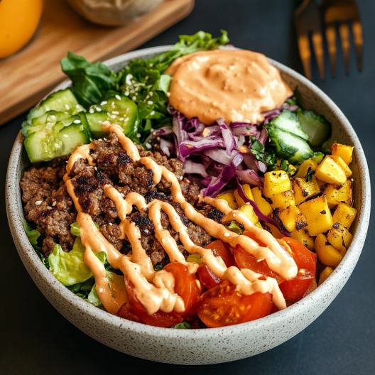 A deconstructed burger bowl featuring fresh vegetables, lean protein, and a flavorful dressing.