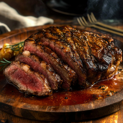 Perfectly grilled beef round bottom rump roast with a juicy, medium-rare center, served on a wooden board with herbs.