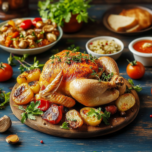 rotisserie chicken on a wooden cutting board