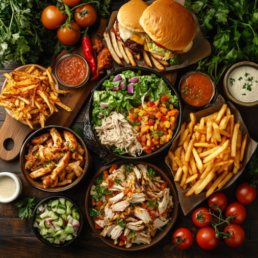 A variety of quick and easy meals made from leftover rotisserie chicken, including a chicken salad, chicken soup, and a chicken sandwich with fries, set on a rustic kitchen table.